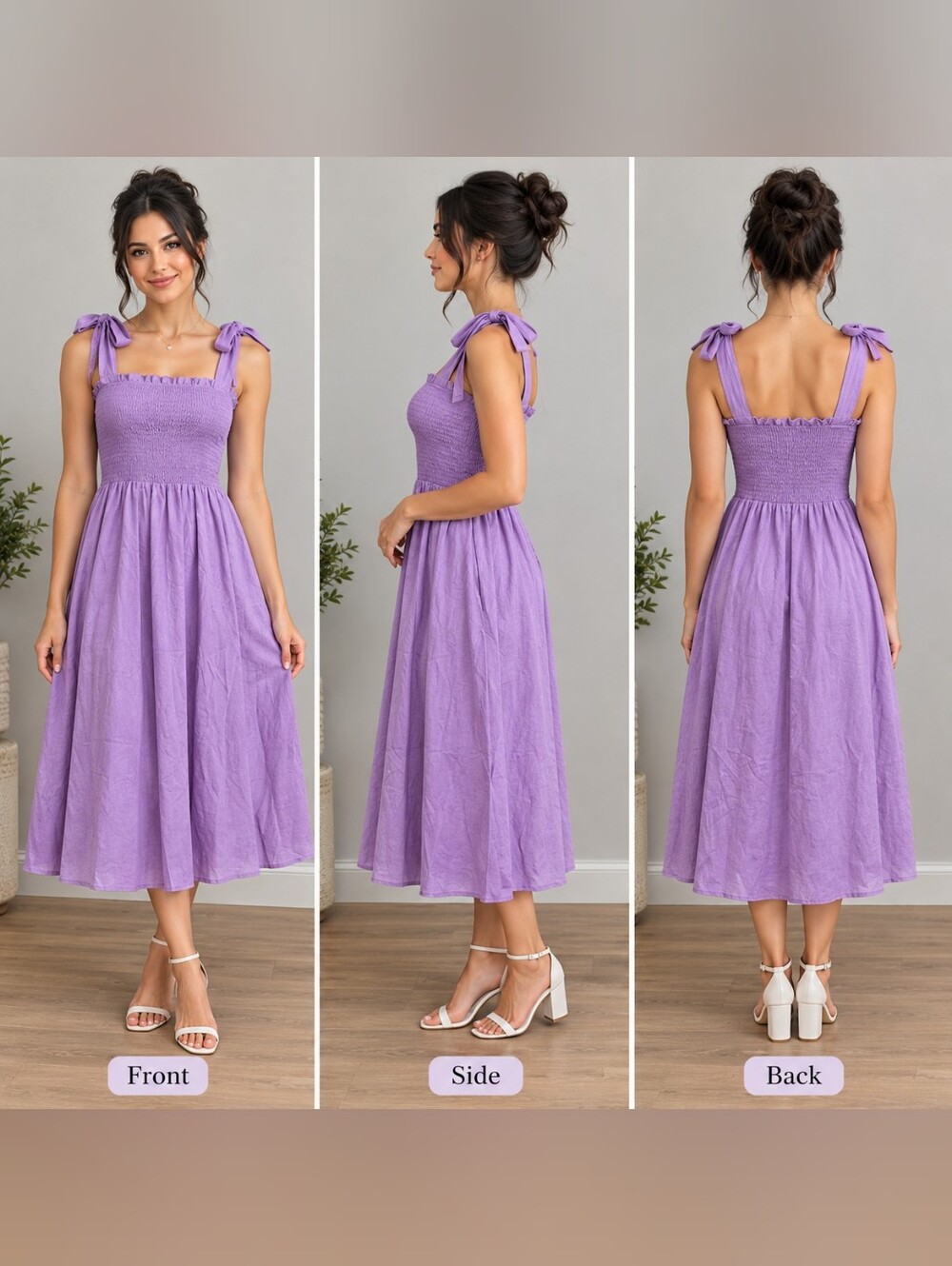 Lilac self tie-Shoulder Smocked Midi Dress